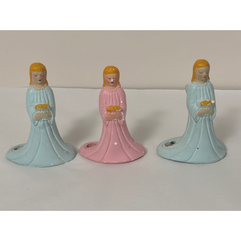 Vintage Chalkware Angel Figurine Set Pastel Pink Blue Candle Holders Set of 3